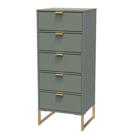Diego 5 Drawer Tallboy Bedside Table with Gold Sleigh Legs