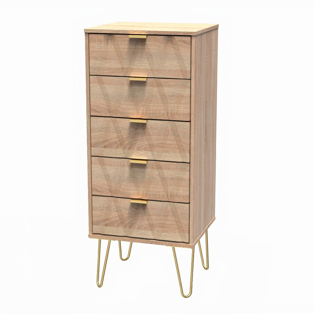 Diamond 5 Drawer Bedside Cabinet with Gold Hairpin Legs