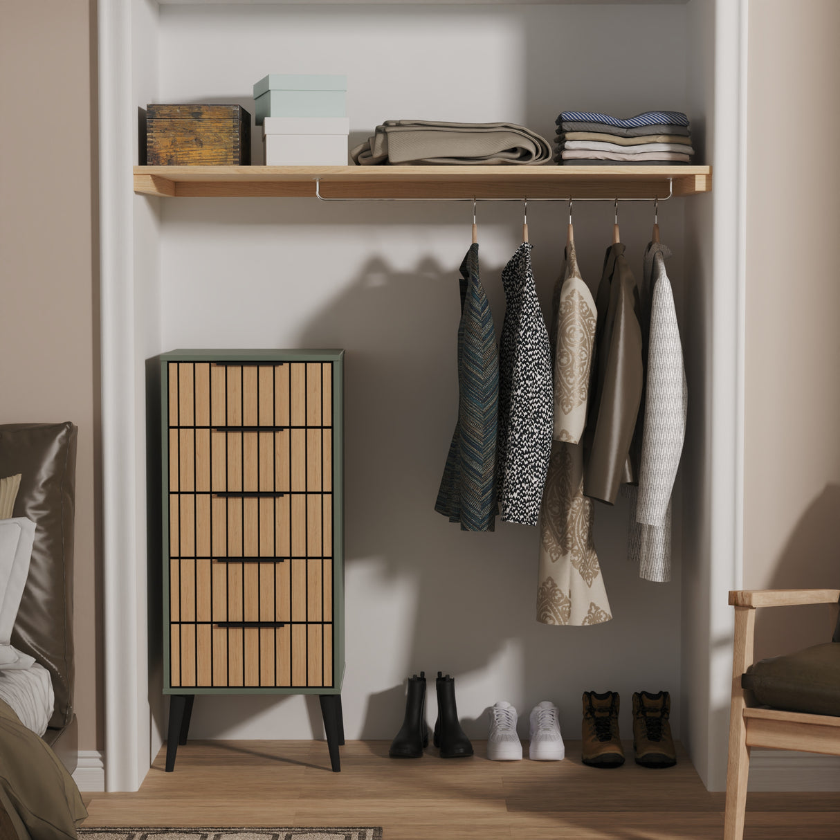 Fiji Oak Slatted 5 Drawer Bedside Cabinet