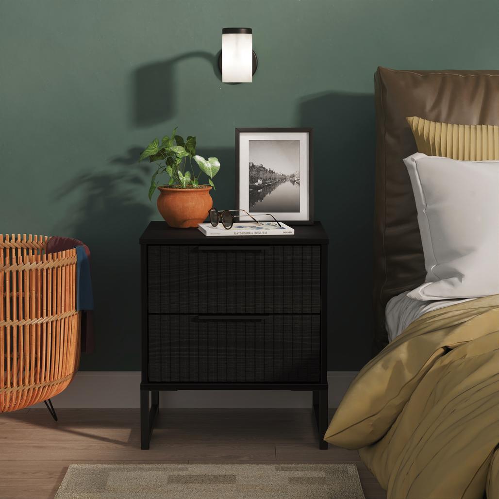 Fluted 2 Drawer Bedside Table with Black Sleigh Legs