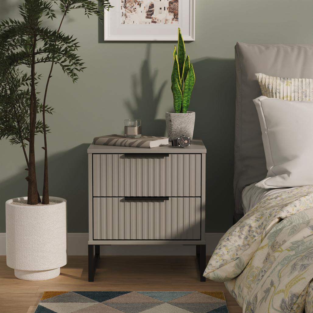 Fluted 2 Drawer Bedside Table with Black Sleigh Legs