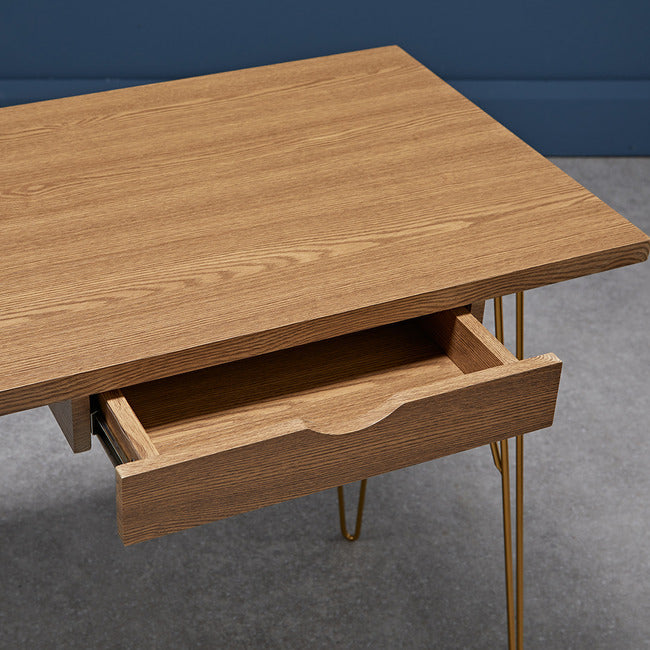 Fusion Light Wood 1 Drawer Desk with Gold Hairpin Legs