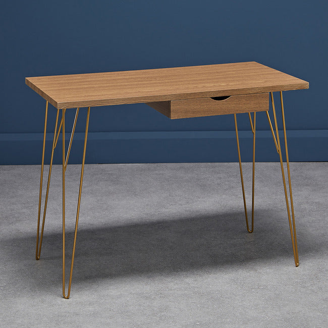 Fusion Light Wood 1 Drawer Desk with Gold Hairpin Legs