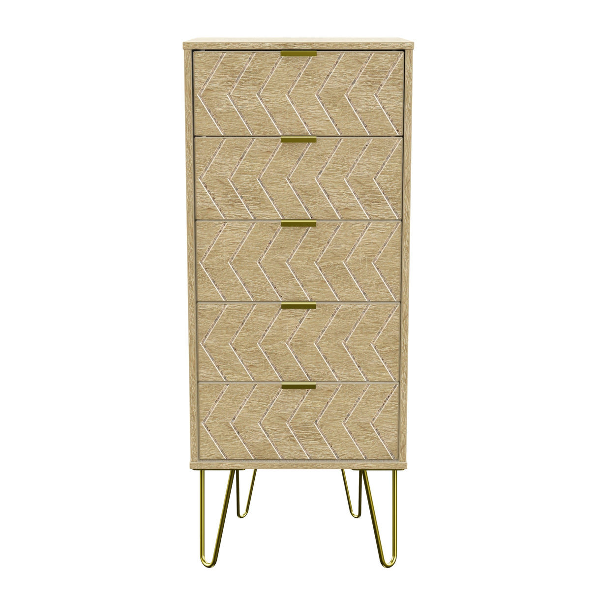 Hong Kong Jigsaw 5 Drawer Bedside Cabinet with Gold Hairpin Legs