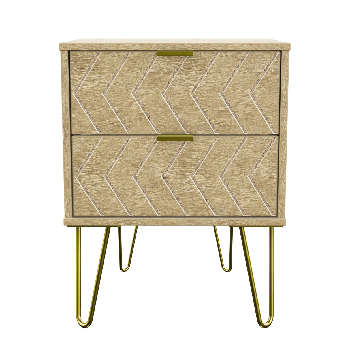 Hong Kong Jigsaw 2 Drawer Bedside Cabinet with Gold Hairpin Legs