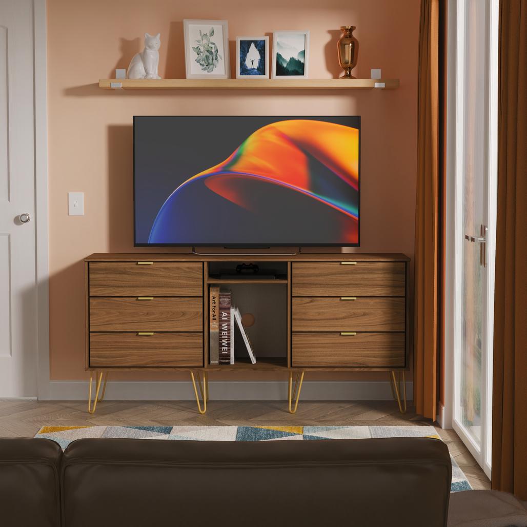Hong Kong 6 Drawer 2 Shelf TV Unit with Gold Hairpin Legs