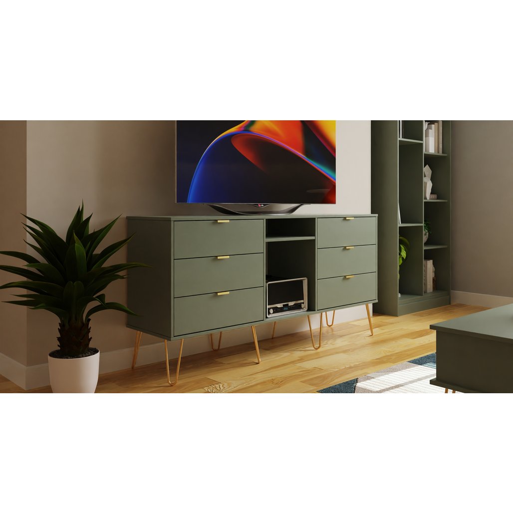 Hong Kong 6 Drawer 2 Shelf TV Unit with Gold Hairpin Legs