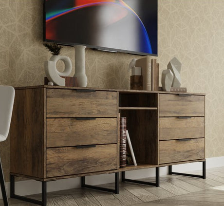 Hong Kong 6 Drawer 2 Shelf TV Unit with Black Sleigh Legs