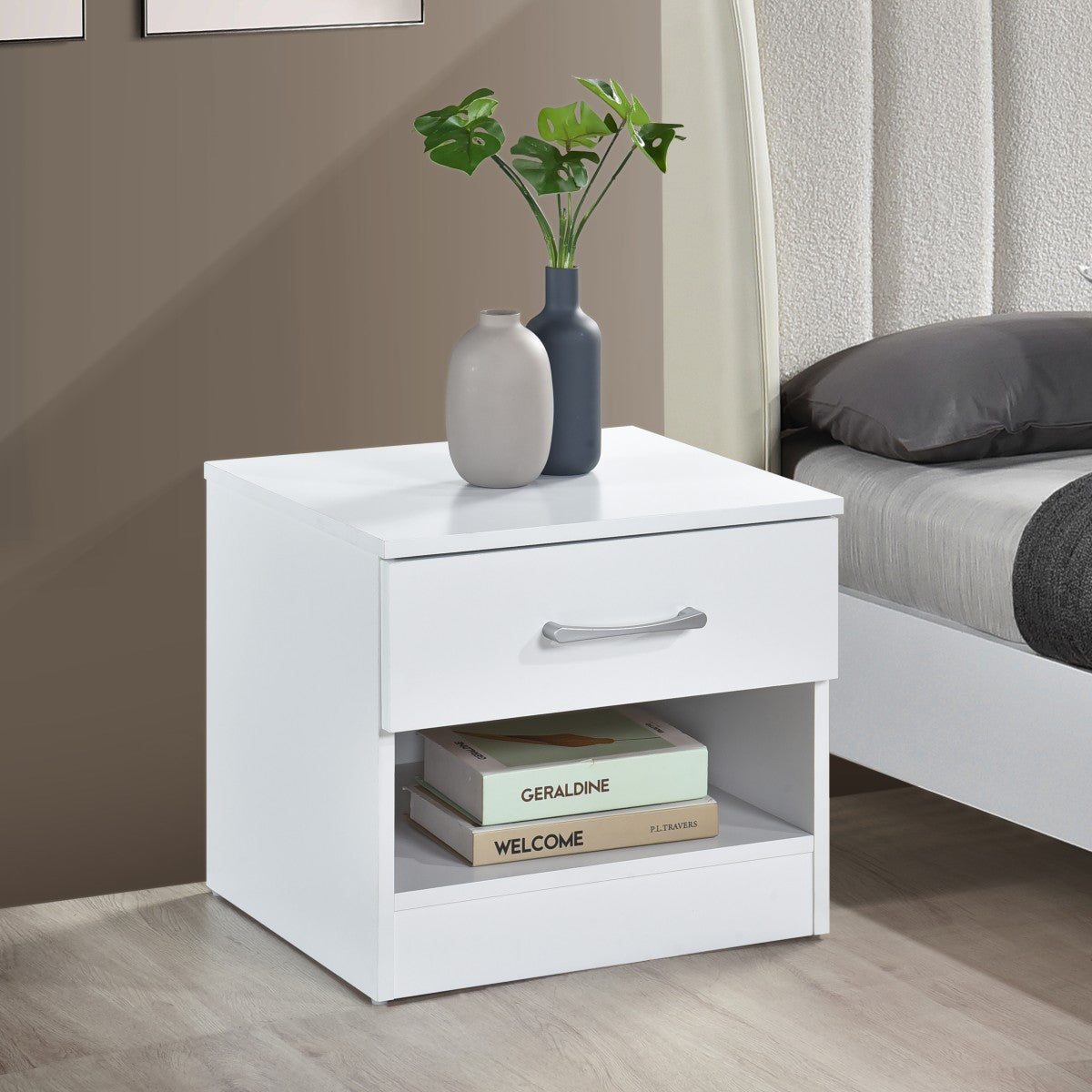 Highbury White 1 Drawer Open Shelf Bedside Table