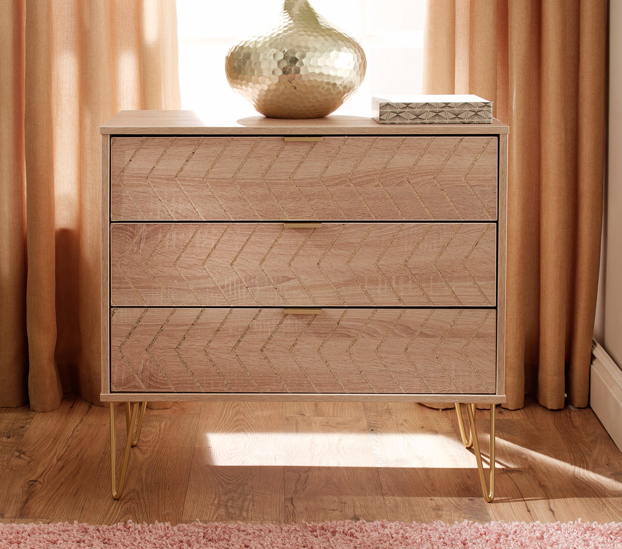 Hong Kong 3 Drawer Chest with Gold Hairpin Legs