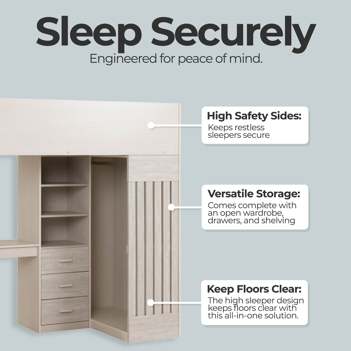 Jupiter High Sleeper Kids Bed Frame with Desk & Storage
