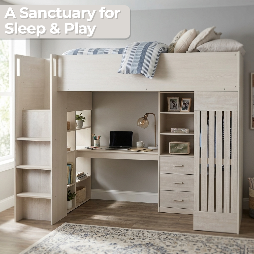 Jupiter High Sleeper Kids Bed Frame with Desk & Storage