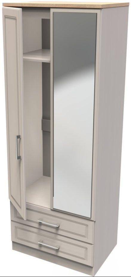 Kent Mirrored 2 Door 2 Drawer Double Wardrobe with Oak Top