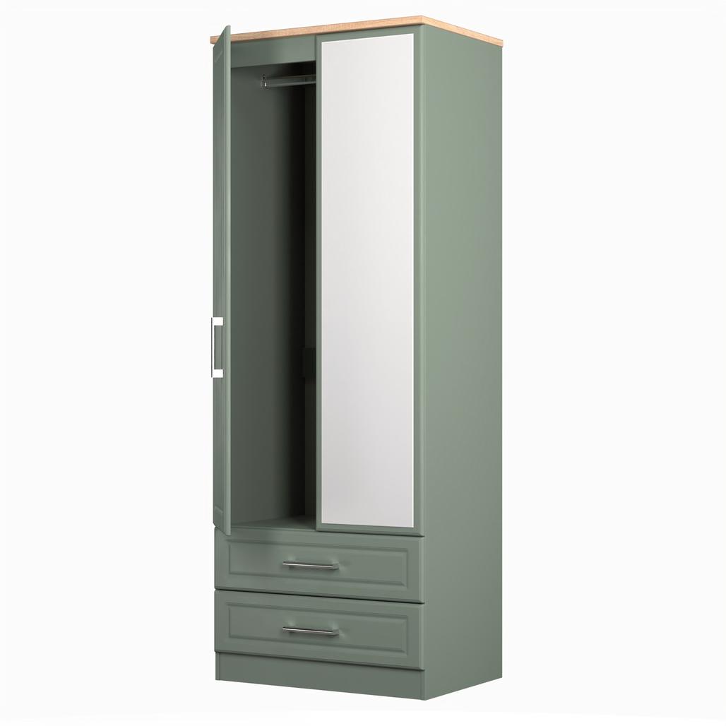 Kent Tall Mirrored 2 Door 2 Drawer Double Wardrobe with Oak Top