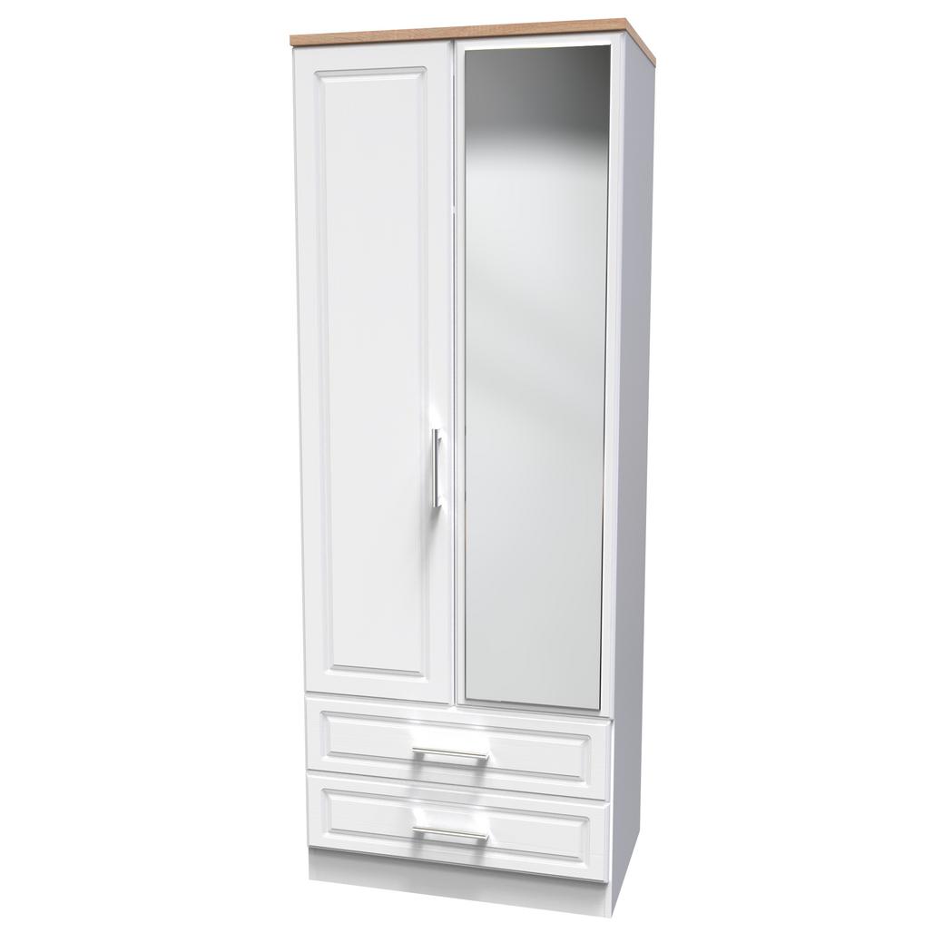 Kent Tall Mirrored 2 Door 2 Drawer Double Wardrobe with Oak Top
