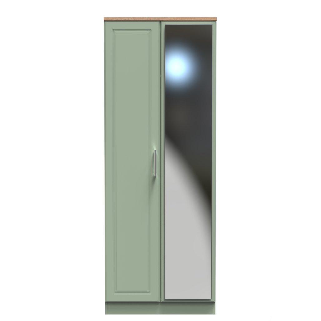 Kent Tall Mirrored 2 Door Double Wardrobe with Oak Top