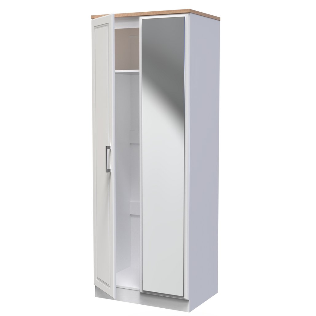 Kent Tall Mirrored 2 Door Double Wardrobe with Oak Top