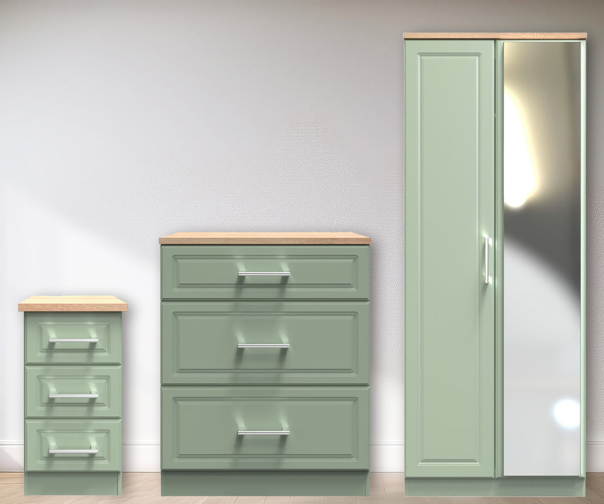 Kent 2 Door Mirrored Double Wardrobe, 3 Drawer Bedside & 3 Drawer Deep Chest of Drawers