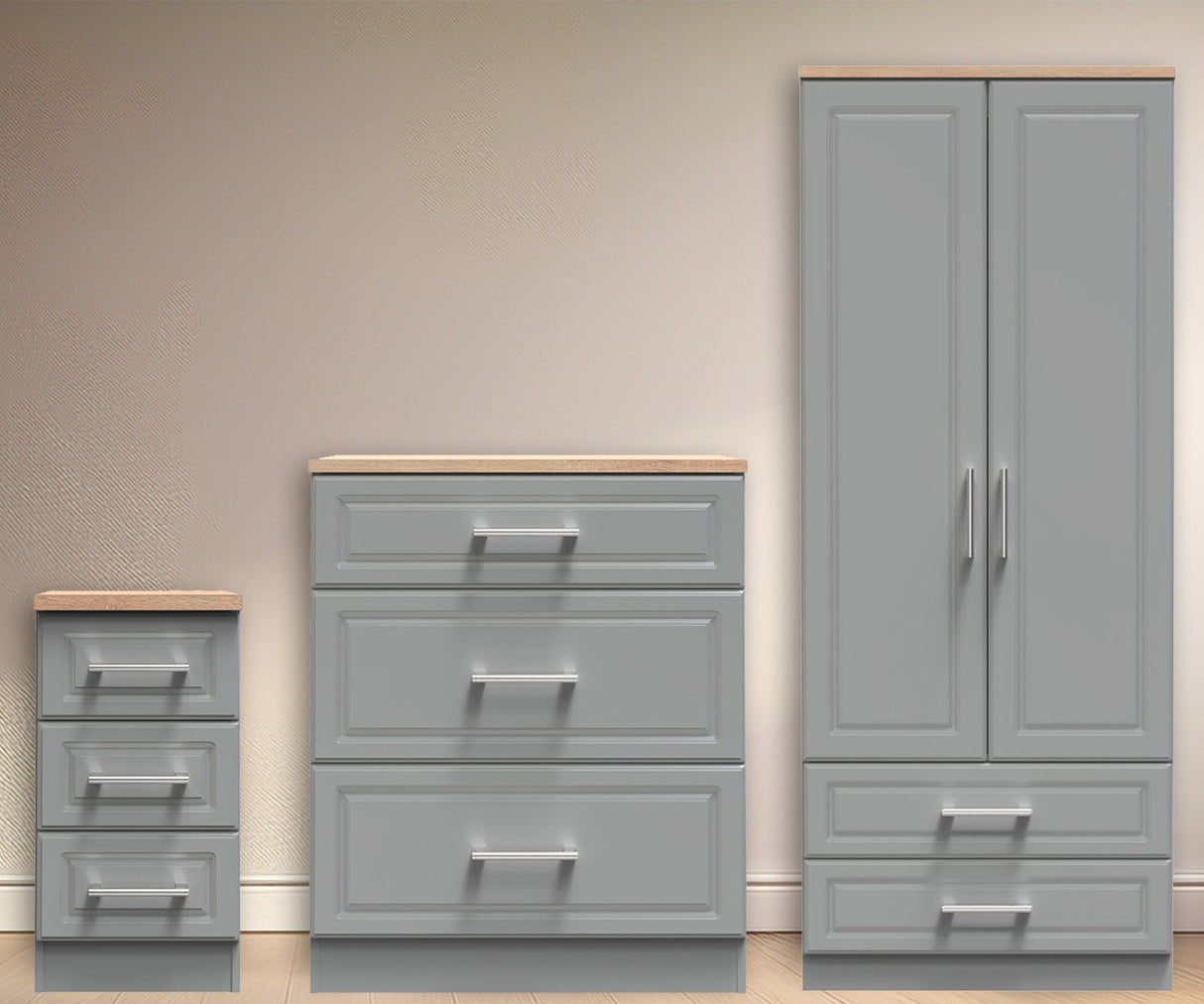 Kent 2 Drawer 2 Door Double Wardrobe, 3 Drawer Bedside & 3 Drawer Deep Chest of Drawers