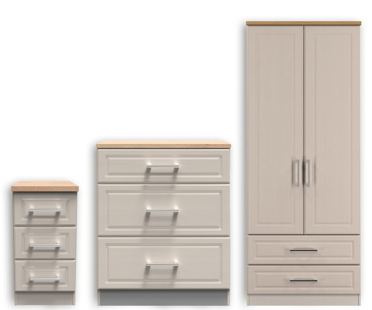 Kent 2 Drawer 2 Door Double Wardrobe, 3 Drawer Bedside & 3 Drawer Deep Chest of Drawers
