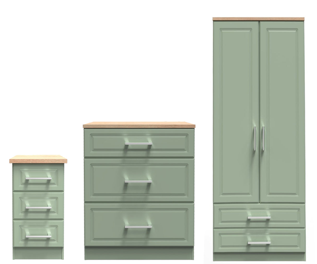 Kent 2 Drawer 2 Door Double Wardrobe, 3 Drawer Bedside & 3 Drawer Deep Chest of Drawers