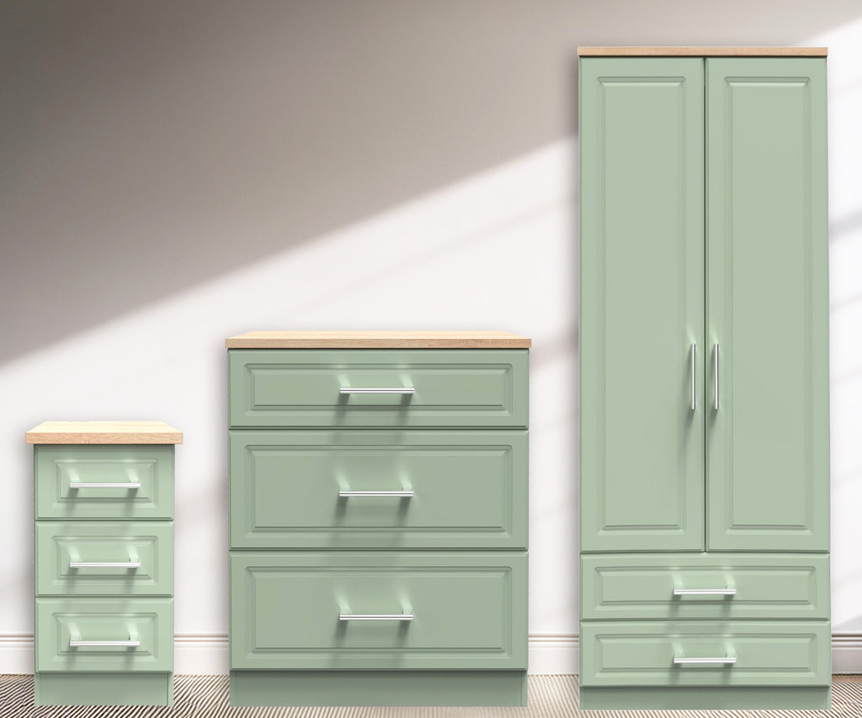 Kent 2 Drawer 2 Door Double Wardrobe, 3 Drawer Bedside & 3 Drawer Deep Chest of Drawers