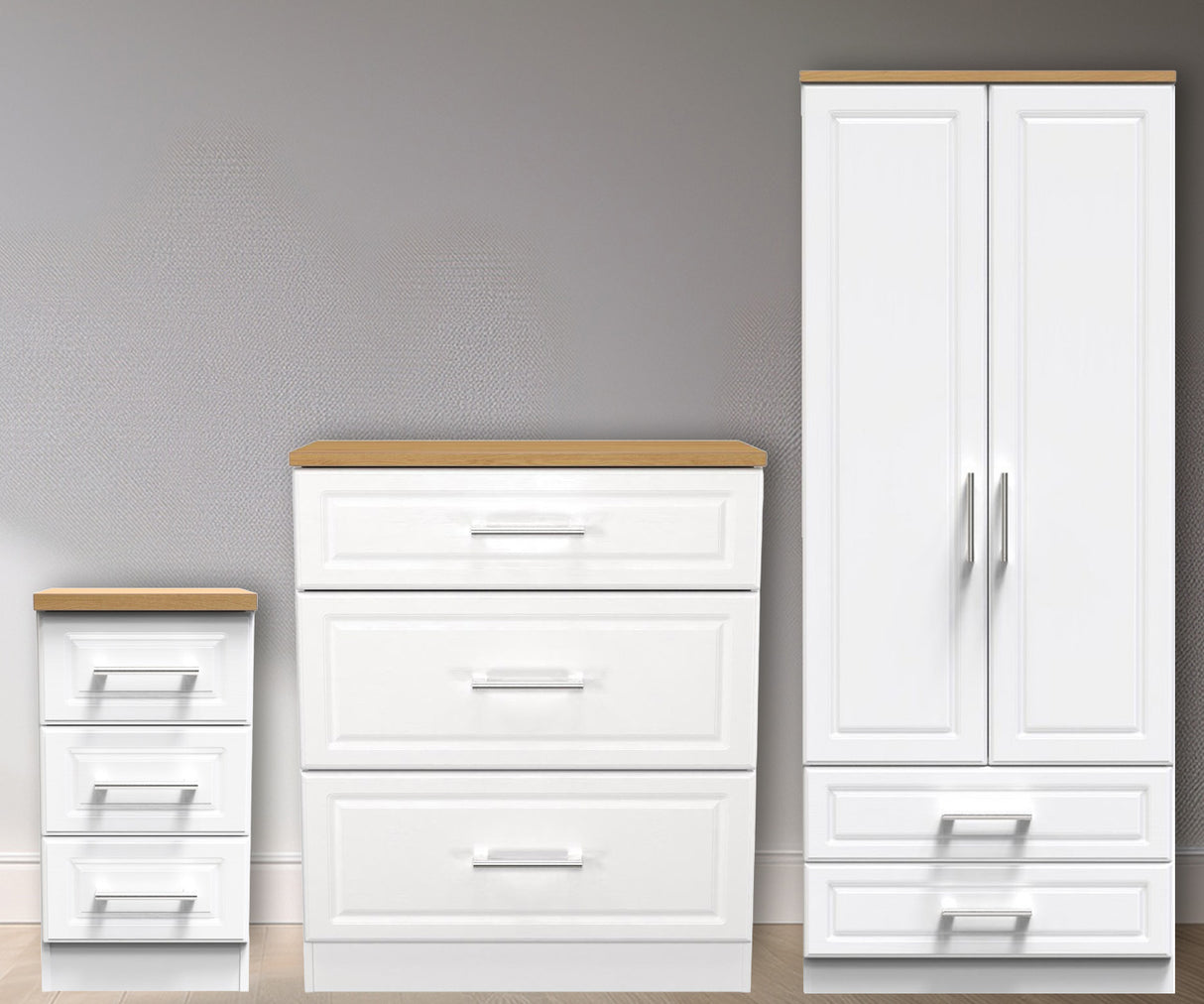 Kent 2 Drawer 2 Door Double Wardrobe, 3 Drawer Bedside & 3 Drawer Deep Chest of Drawers