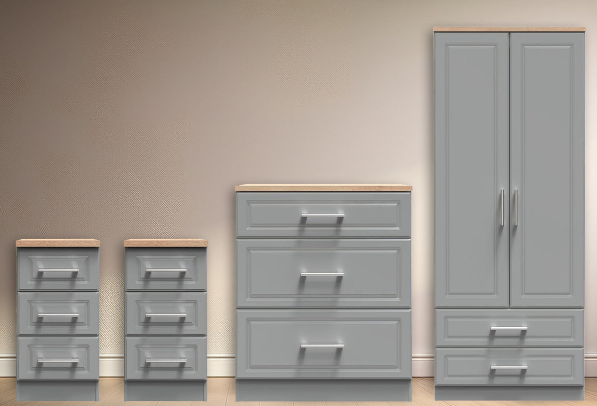 Kent 2 Drawer 2 Door Double Wardrobe, 3 Drawer Bedsides & 3 Drawer Deep Chest of Drawers