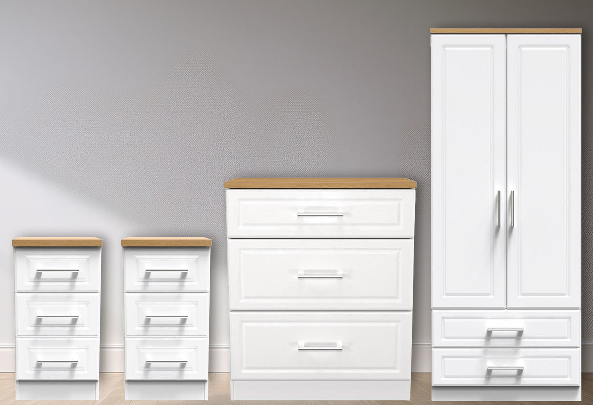 Kent 2 Drawer 2 Door Double Wardrobe, 3 Drawer Bedsides & 3 Drawer Deep Chest of Drawers