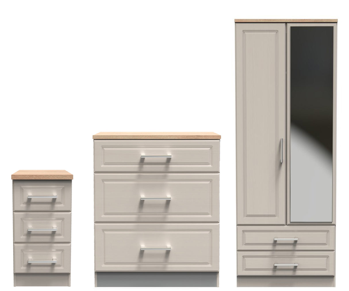 Kent 2 Drawer 2 Door Mirrored Double Wardrobe, 3 Drawer Bedside & 3 Drawer Deep Chest of Drawers