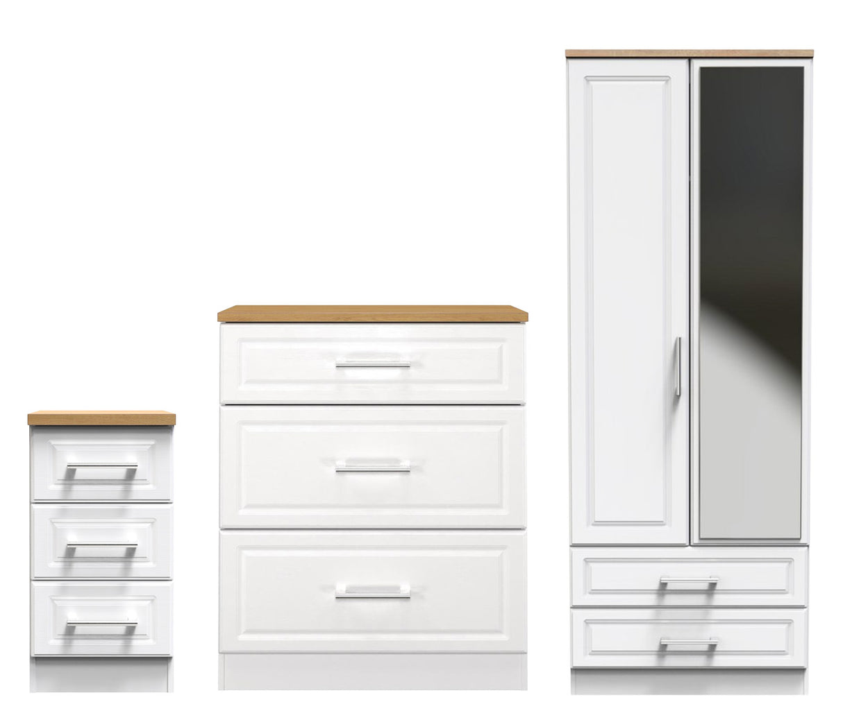 Kent 2 Drawer 2 Door Mirrored Double Wardrobe, 3 Drawer Bedside & 3 Drawer Deep Chest of Drawers