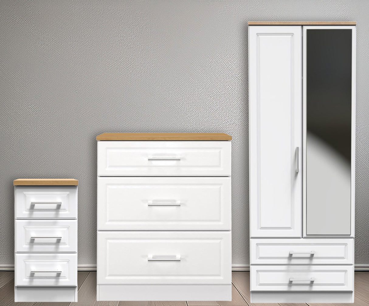 Kent 2 Drawer 2 Door Mirrored Double Wardrobe, 3 Drawer Bedside & 3 Drawer Deep Chest of Drawers