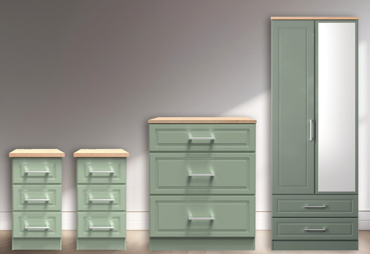 Kent 2 Drawer 2 Door Mirrored Double Wardrobe, 3 Drawer Bedsides & 3 Drawer Deep Chest of Drawers