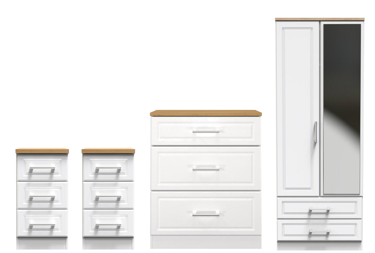 Kent 2 Drawer 2 Door Mirrored Double Wardrobe, 3 Drawer Bedsides & 3 Drawer Deep Chest of Drawers