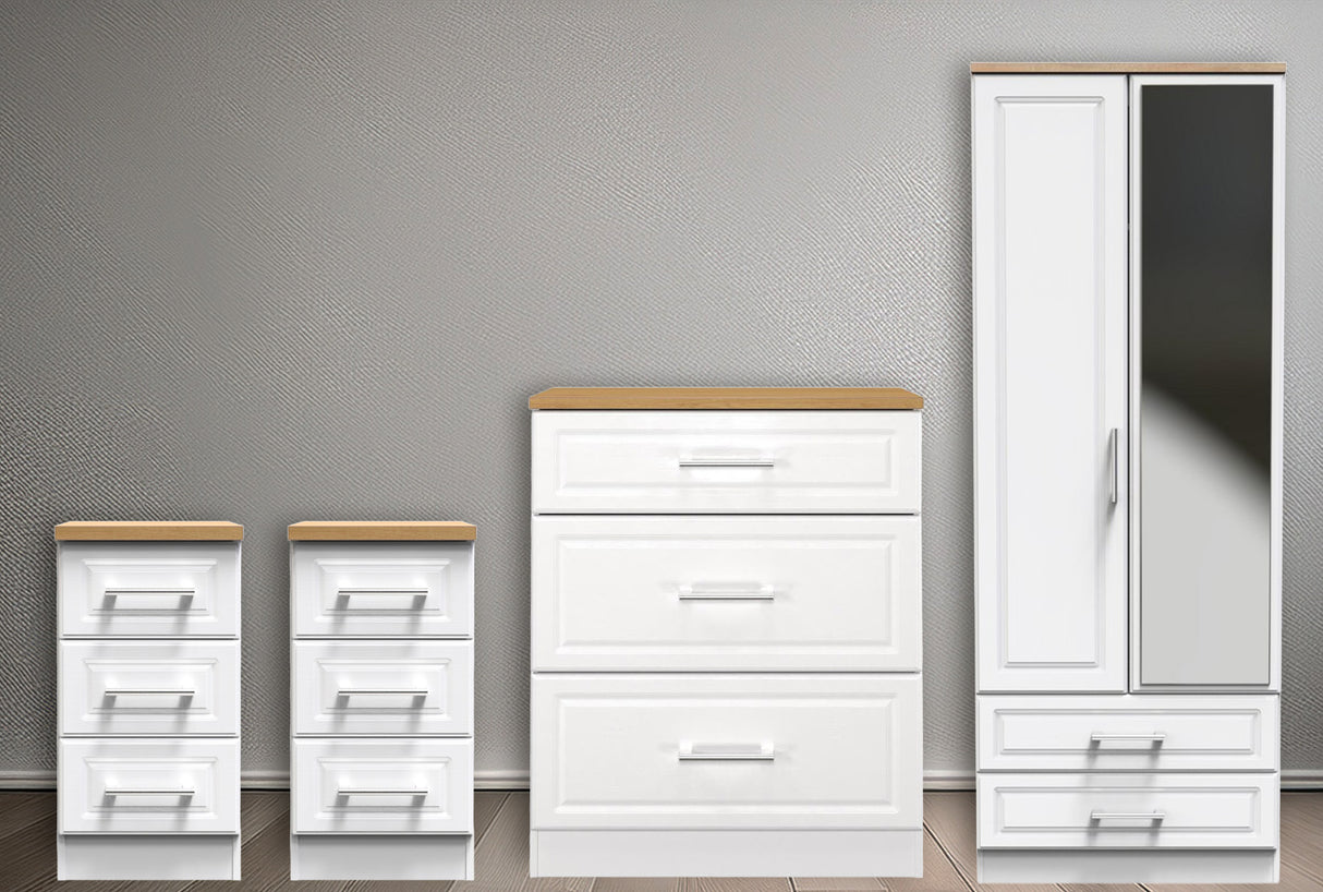 Kent 2 Drawer 2 Door Mirrored Double Wardrobe, 3 Drawer Bedsides & 3 Drawer Deep Chest of Drawers