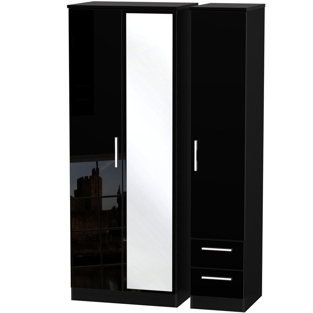 Knightsbridge Tall Mirrored 2 Drawer 3 Door Triple Wardrobe