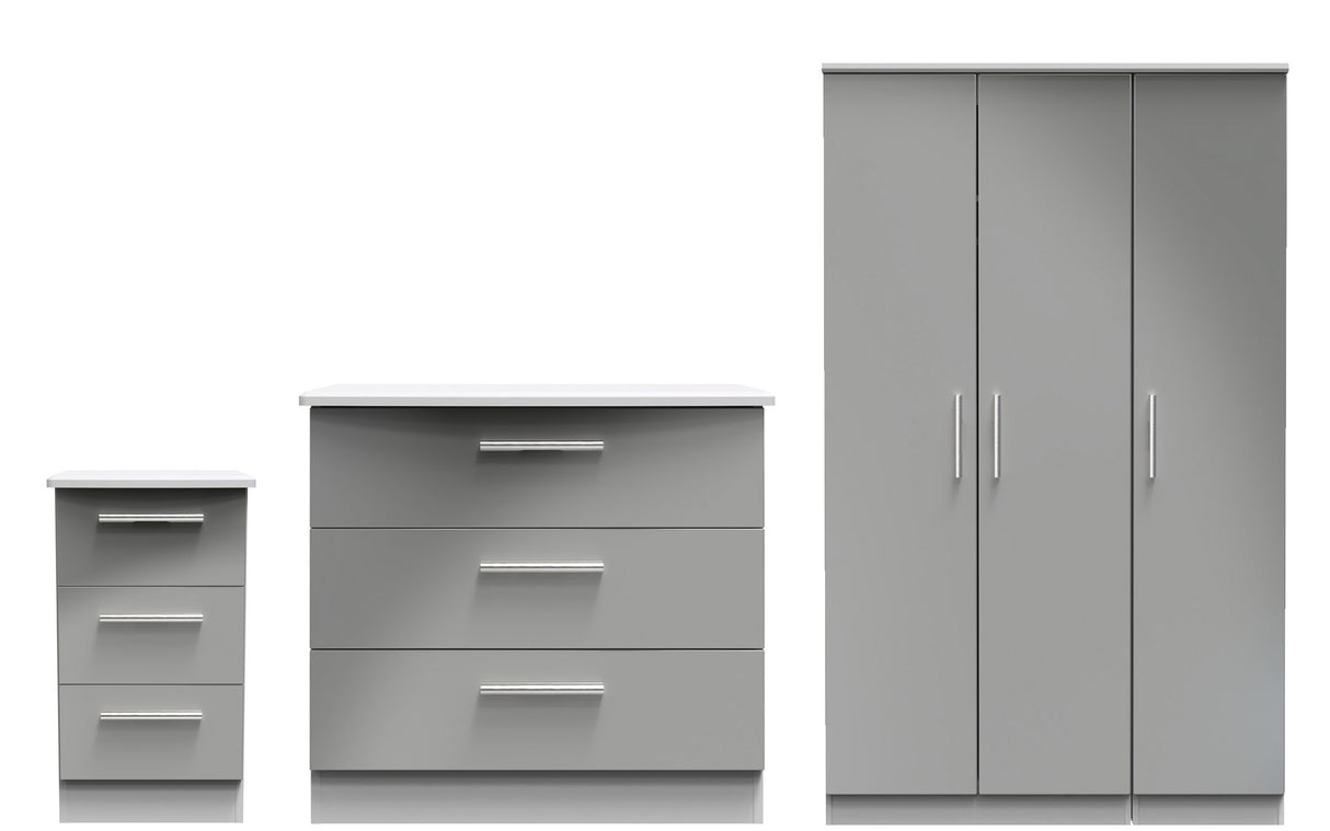 Knightsbridge 3 Drawer Bedside, 3 Drawer Chest of Drawers & 3 Door Triple Wardrobe