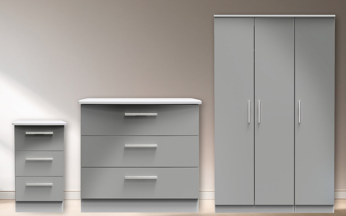 Knightsbridge 3 Drawer Bedside, 3 Drawer Chest of Drawers & 3 Door Triple Wardrobe