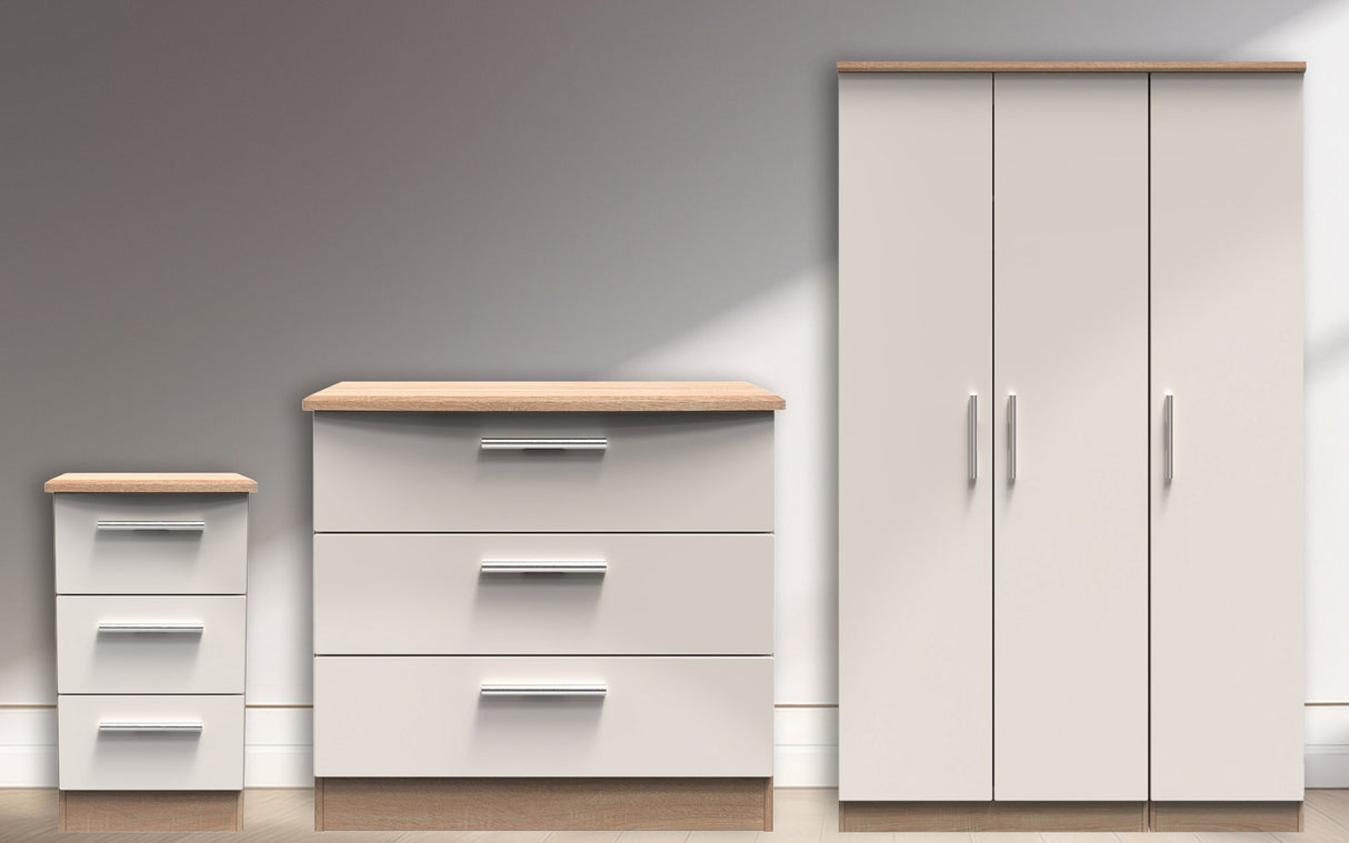Knightsbridge 3 Drawer Bedside, 3 Drawer Chest of Drawers & 3 Door Triple Wardrobe
