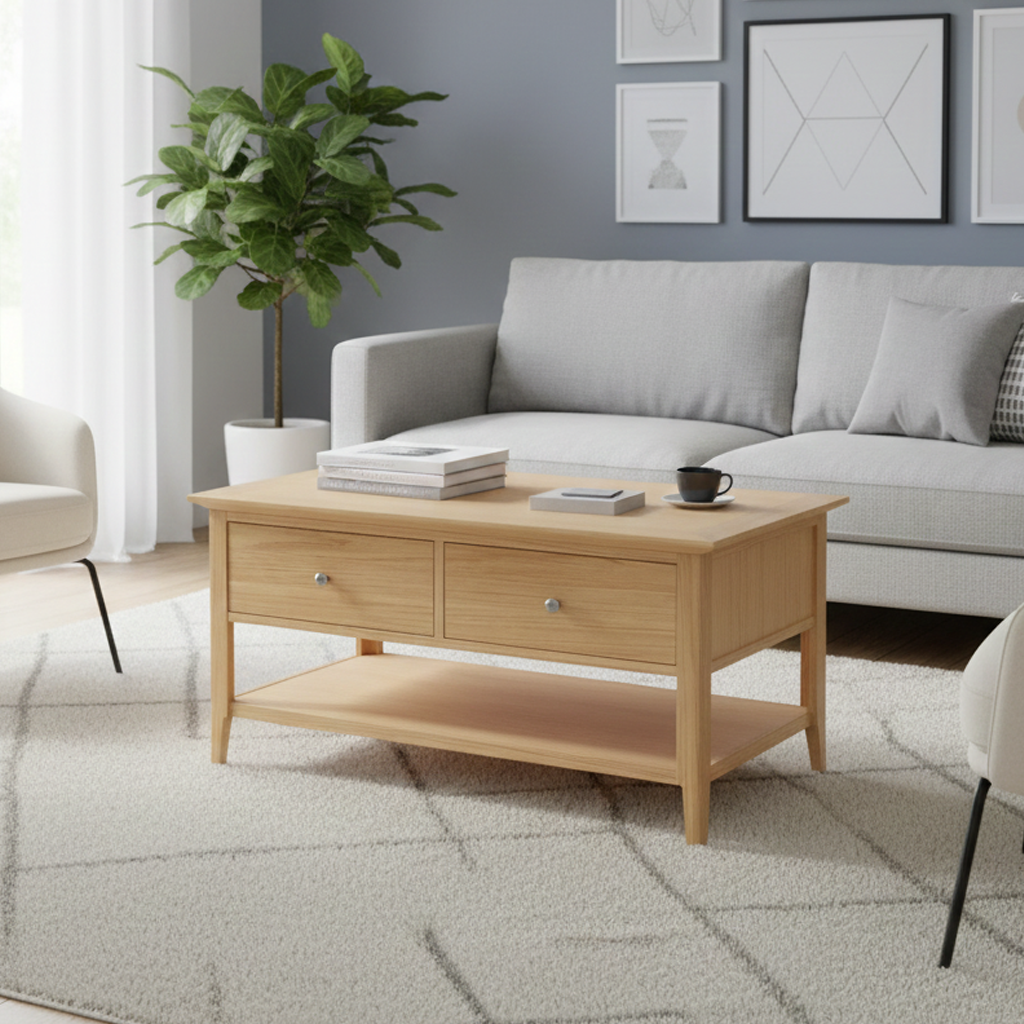 Saxon 2 Drawer Coffee Table with Open Shelf – Own Furniture