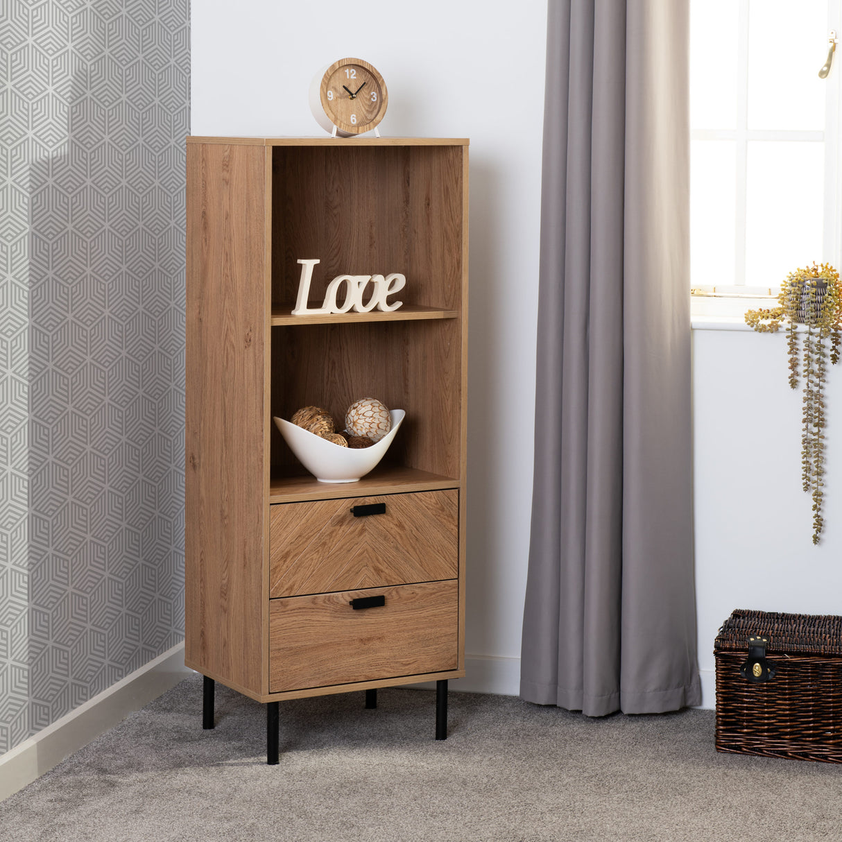 Leon Herringbone Oak Retro 2 Drawer 2 Shelf Cabinet