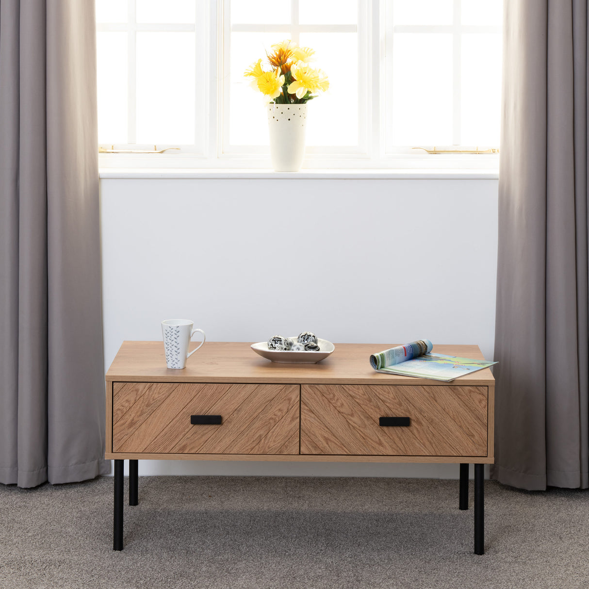 Leon Herringbone Oak Retro 2 Drawer Coffee Table