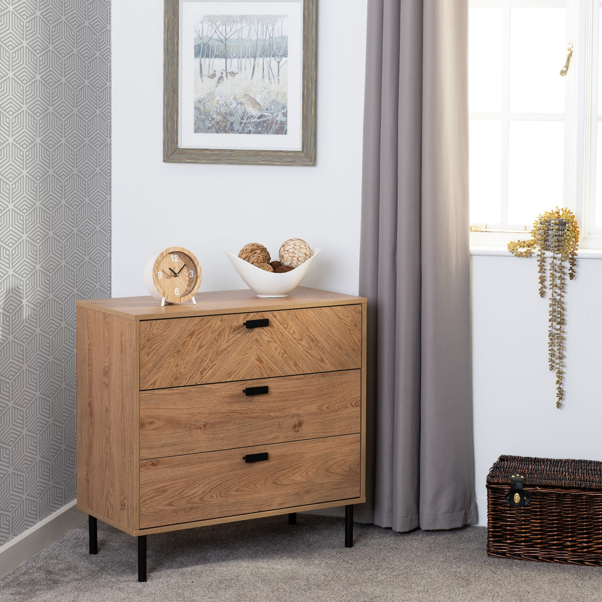 Leon Herringbone Oak Retro 3 Drawer Chest