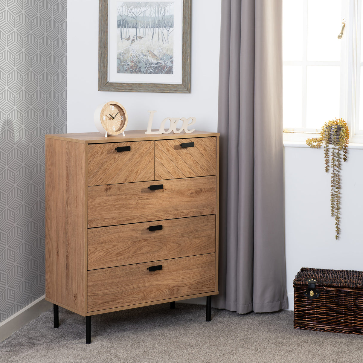 Leon Herringbone Oak Retro 3+2 Drawer Chest