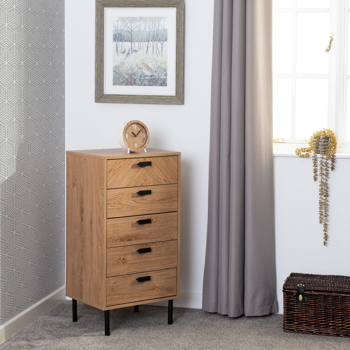 Leon Herringbone Oak Retro 5 Drawer Narrow Chest