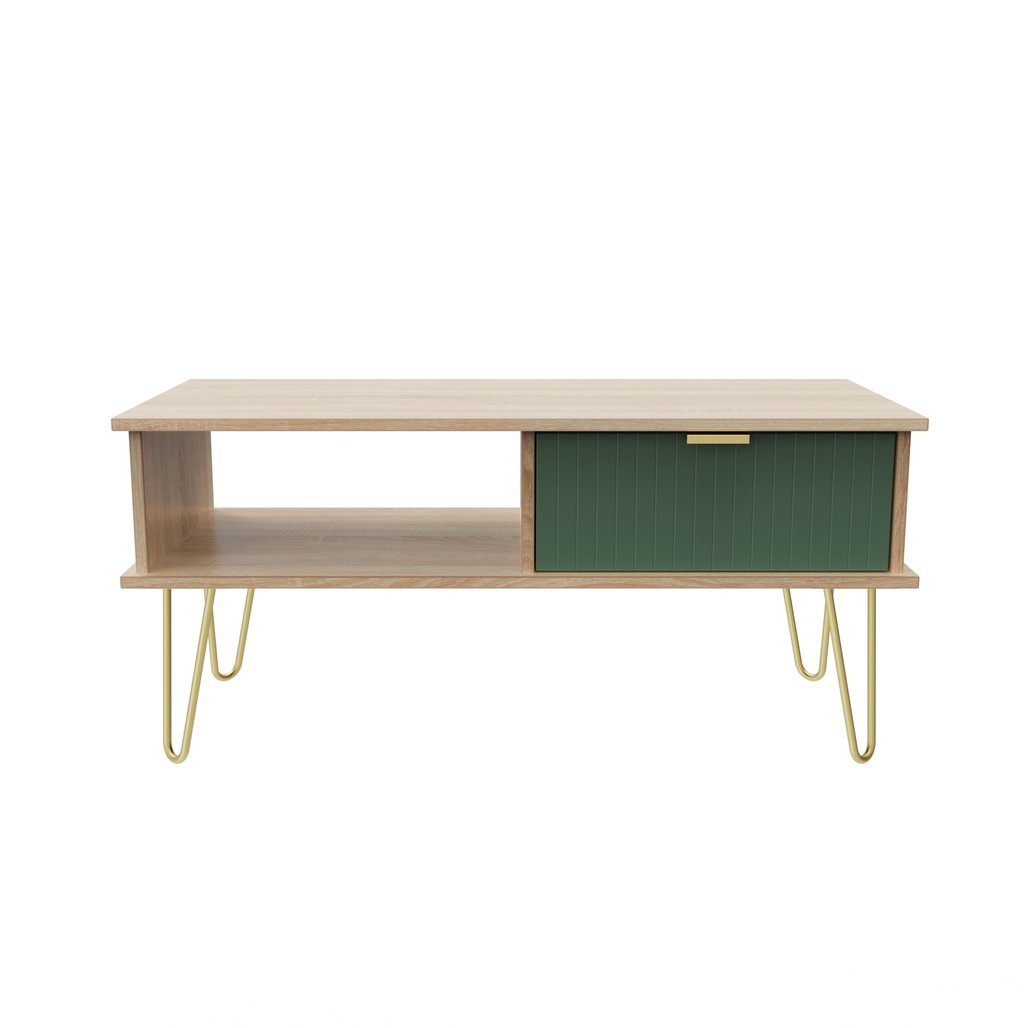 Linear 1 Drawer 1 Shelf Coffee Table with Gold Hairpin Legs