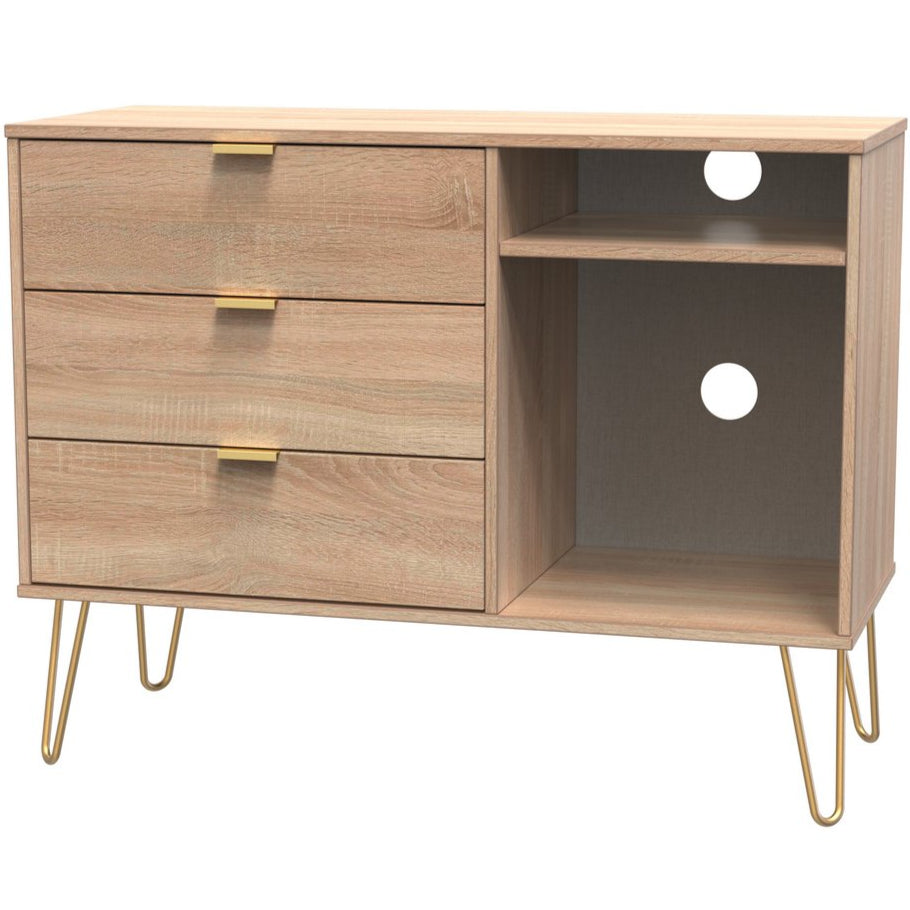 Linear 3 Drawer Open Shelf TV Unit with Gold Hairpin Legs