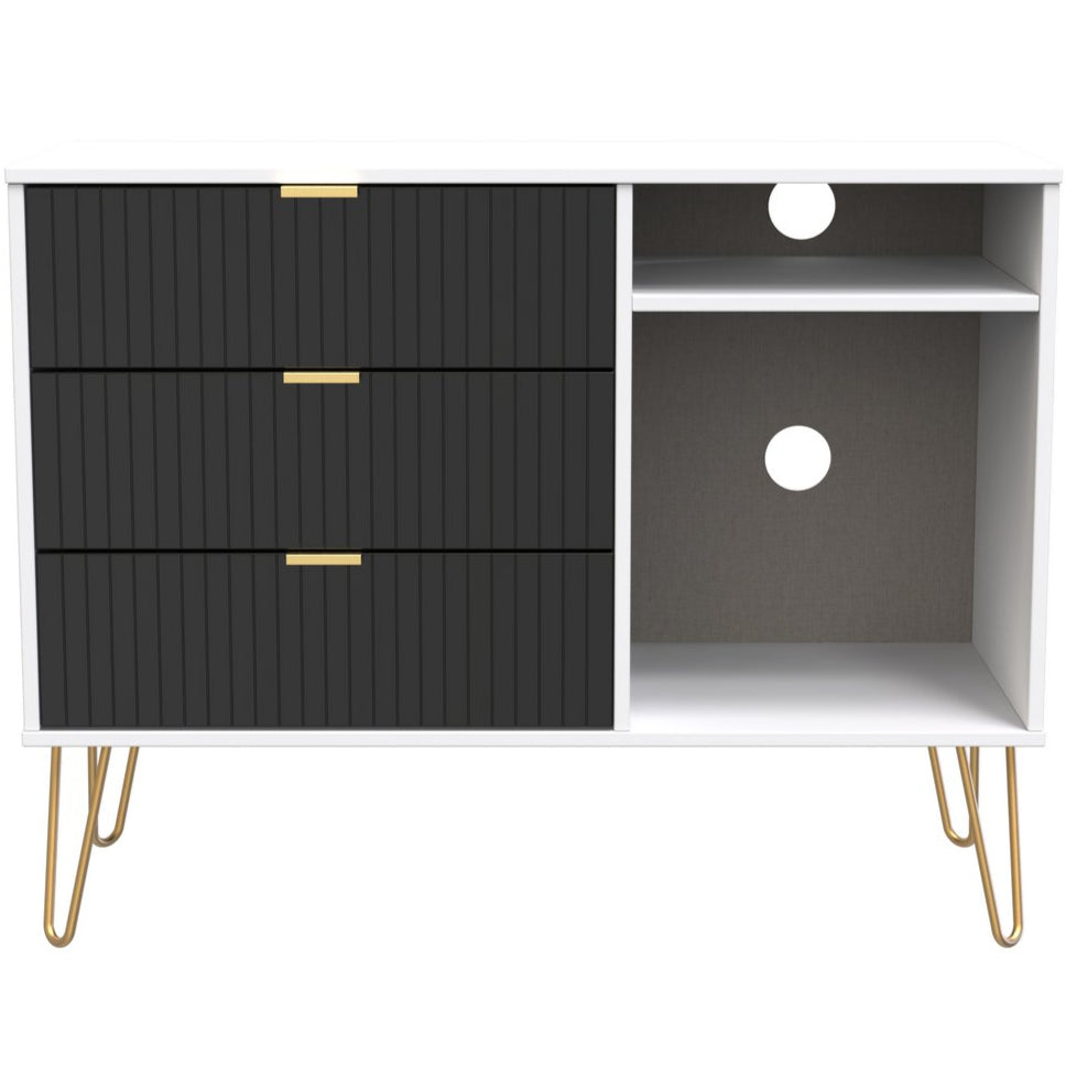 Linear 3 Drawer Open Shelf TV Unit with Gold Hairpin Legs