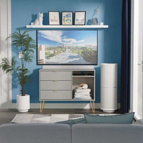 Linear 3 Drawer Open Shelf TV Unit with Gold Hairpin Legs