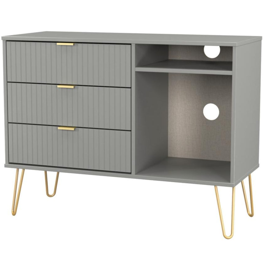Linear 3 Drawer Open Shelf TV Unit with Gold Hairpin Legs